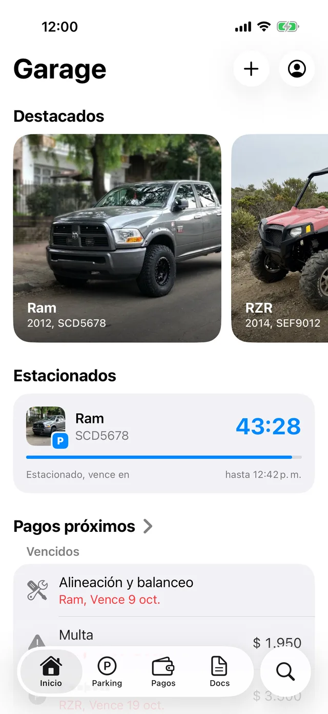 Los vehículos en la pantalla de inicio de GarageApp