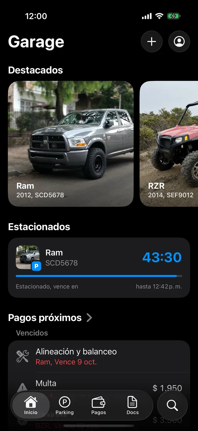 Los vehículos en la pantalla de inicio de GarageApp