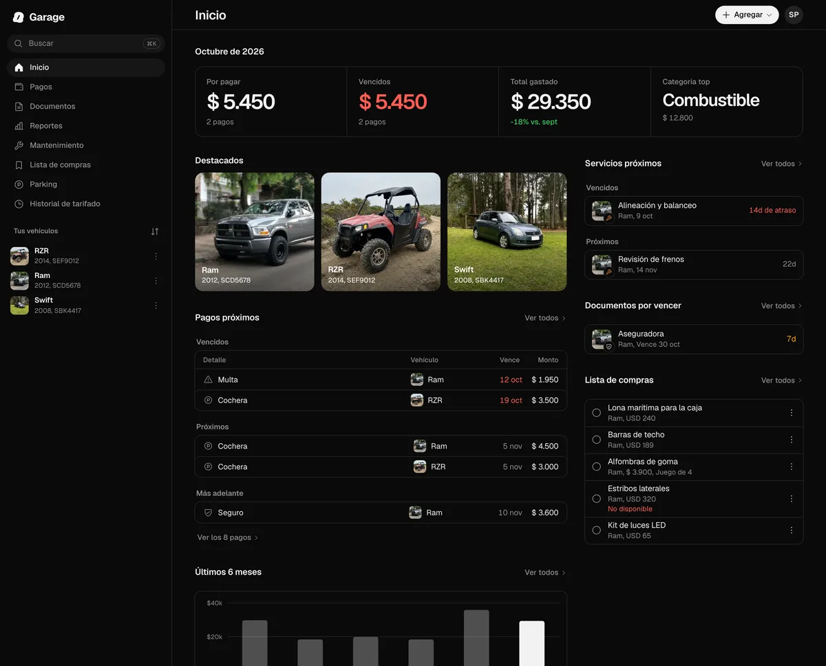La pantalla de Inicio de GarageApp en la web, en una computadora, con el menú lateral y los vehículos